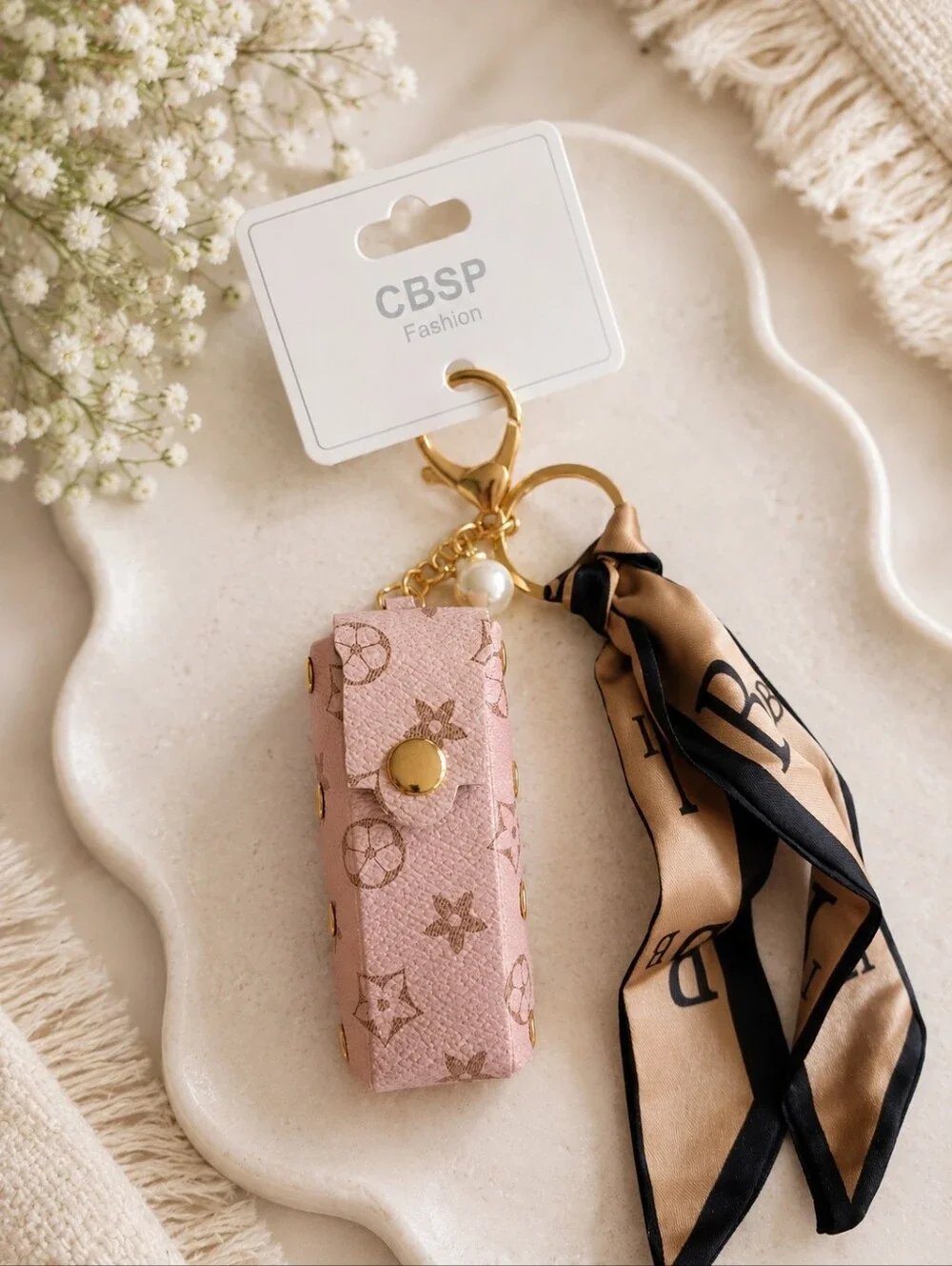 Pink Keychain Lipstick Holder with Scarf and Pearl Accent